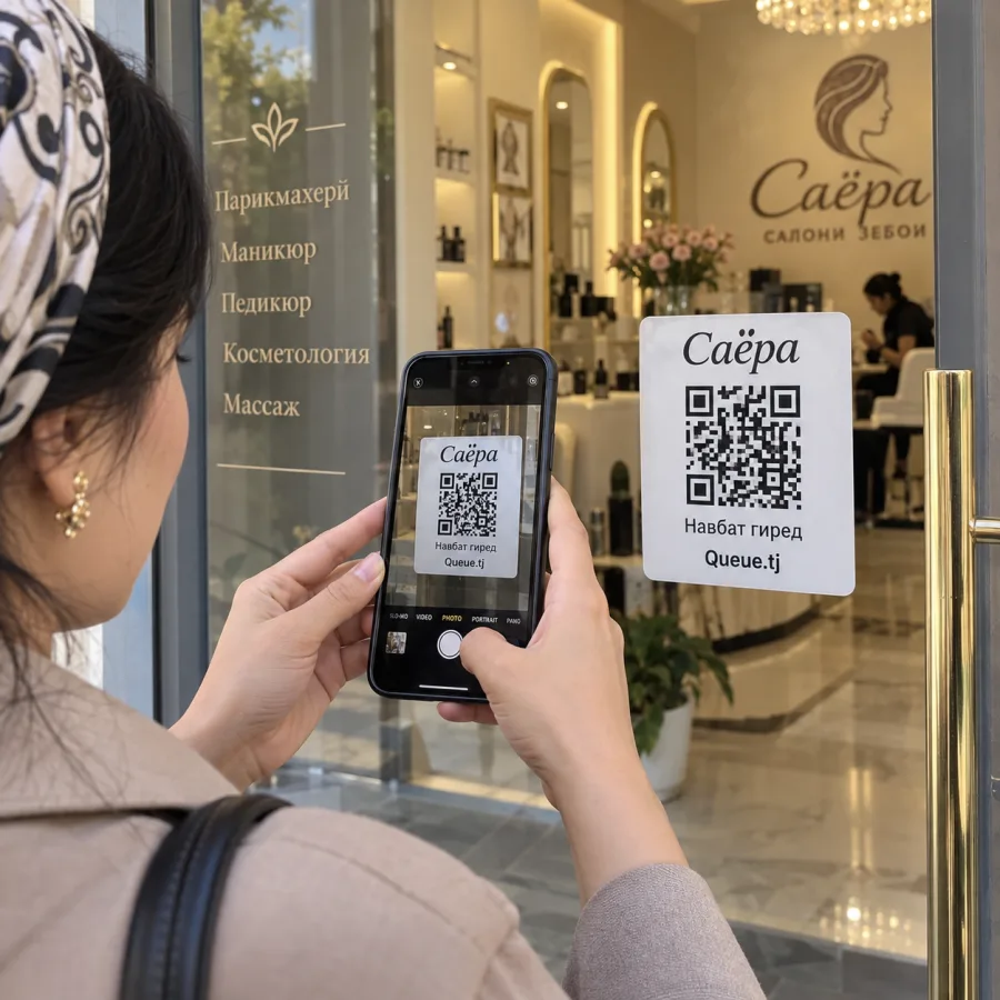 Клиентка сканирует QR-код Queue.tj на входе в салон красоты «Саёра» в Душанбе