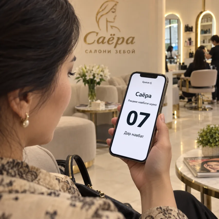 Номер очереди и статус Queue.tj на экране смартфона клиентки в зале салона